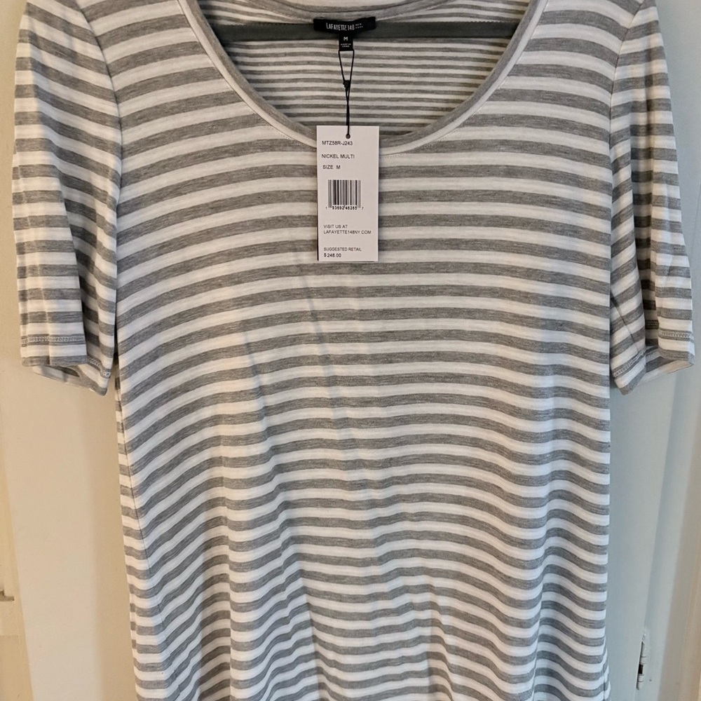 NWT Lafayette 148 New York Gray and White Stripe Scoop Neck Women's Top Size M